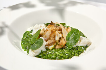 Green risotto with squid and stracciatella cheese on white plate. Creamy risotto with spinach, calamari and creamy cheese. Italian risotto with squid on light background with shadows of leaves