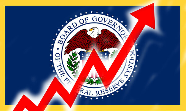 The U.S. Federal Reserve System, With A Big Red Arrow Above It. Bar Charts And Charts. Rising Interest Rates Rising Interest Rates, Causing Food Prices To Rise. Inflation Concept