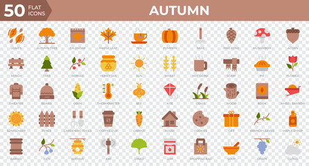 Set of 50 Autumn icons in flat style. Leaves, berries, sweater. Flat icons collection. Vector illustration