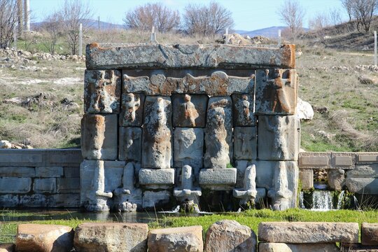 The Hittite spring sanctuary of Eflatun Pinar lies about 100 kilometres west of Konya close to the lake of Beysehir in a hilly, quite arid landscape.