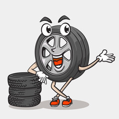 smile face tyre character standing in front tires stack. funky tire mascot icon illustration