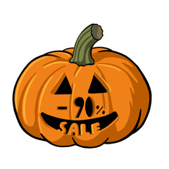 90% sale off carved hallowen pumpkin. Vector illustration.