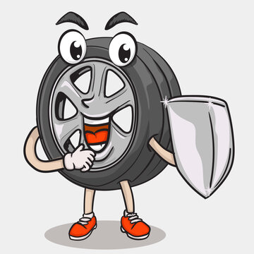 smile face tyre character holding shield for tire protection. funky tire mascot icon illustration