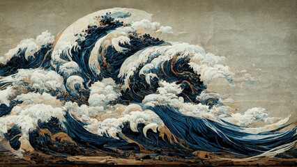 Naklejka premium Great ocean wave as Japanese vintage style illustration