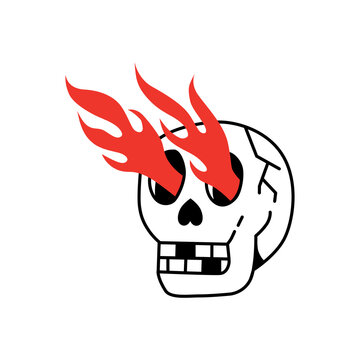 stylized image of a skull with flames from its eyes.vector illustration.linear style.hand drawn pictures isolated on white background.modern typography design for tattoo,poster,banner,t shirt,etc