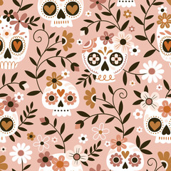 Hand drawn seamless vector pattern with cute sugar skulls and flowers. Perfect for fabric or wrapping paper.
