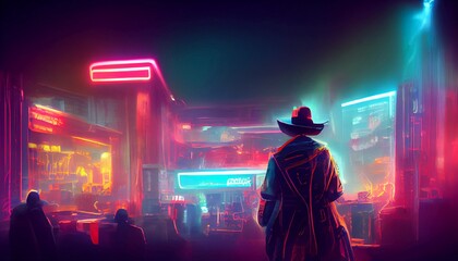 A cyberpunk cowboy in a futuristic bar