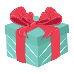 Flat vector gift box with red bow. Christmas present. B-day box. 