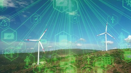 Aerial view of windmills with digitally generated holographic display tech data visualization. Wind power turbines generating clean renewable energy for sustainable development in a green ecologic way - Powered by Adobe