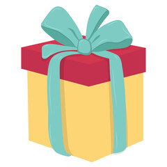 Flat vector gift box with blue ribbon. Christmas present.