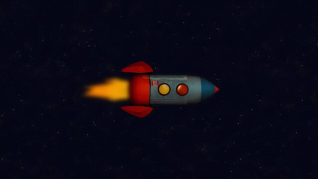 A retro vintage drawing cartoon of a rocket appearing and disappearing while travelling in a starry space, with a huge flame coming out of the bottom.
