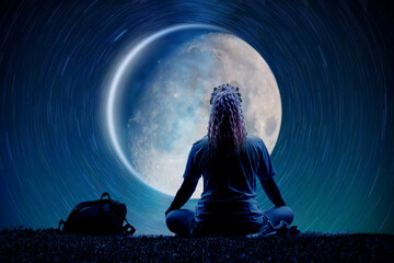 Woman with yoga pose looking on the moon in front of the universe