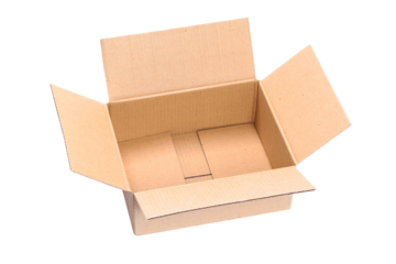 Top view of opened packaging cardboard box isolated on a transparent background.