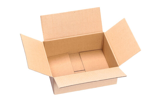 Top view of opened packaging cardboard box isolated on a transparent background.