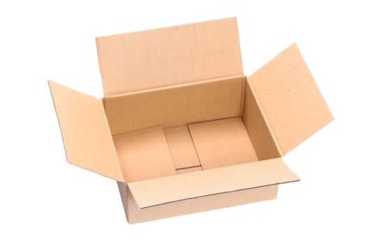 Top view of opened packaging cardboard box isolated on a transparent background.