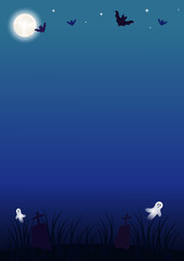 Halloween background with moon, bat, graves and ghosts on cemetery. Vector illustration.