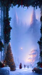 Obraz premium New Year's winter garden with decorated Christmas trees, lights, garlands. Festive New Year decorations, festive city. Christmas lanterns, decorated street, winter, snow, postcard. 3D illustration