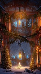 Naklejka premium New Year's winter garden with decorated Christmas trees, lights, garlands. Festive New Year decorations, festive city. Christmas lanterns, decorated street, winter, snow, postcard. 3D illustration
