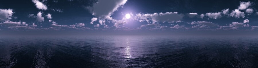 Fototapeta na wymiar Night sea, seascape under the moon, night sky with clouds and moon above the water surface, 3d rendering