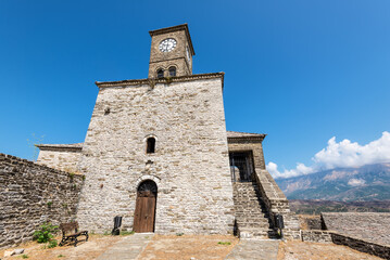 Clock Tower in Gjirokaster Citadel surrounded by ancient ruins, attraction in Albania, Europe - 530514853