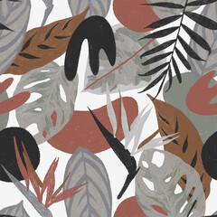 Obraz premium Tropical seamless pattern. Hand drawn exotic leaves and flowers on white background.