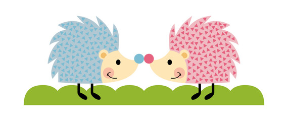 Cute couple of pink and blue hedgehog