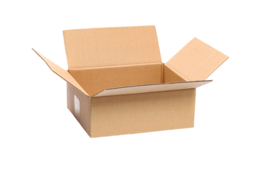 Isolated opened packaging cardboard box in close-up on a transparent background.