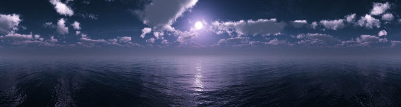 Night sea, seascape under the moon, night sky with clouds and moon above the water surface, 3d rendering