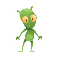 Funny Green Alien Character with Big Eyes and Small Antenna on Head Standing and Smiling Vector Illustration