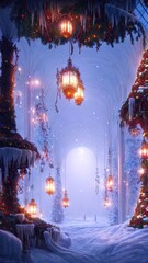 New Year's winter garden with decorated Christmas trees, lights, garlands. Festive New Year decorations, festive city. Christmas lanterns, decorated street, winter, snow, postcard. 3D illustration