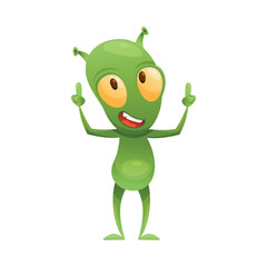 Funny Green Alien Character with Big Eyes and Small Antenna on Head Pointing Finger Up Vector Illustration