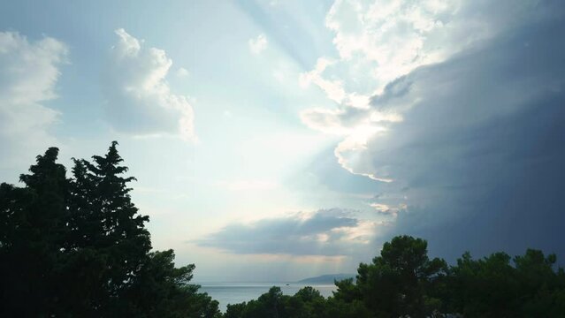 Time lapse footage of beautiful evening dramatic clouds over a sea in Dalmacia seaside. Shot is framed with pine trees in a front.