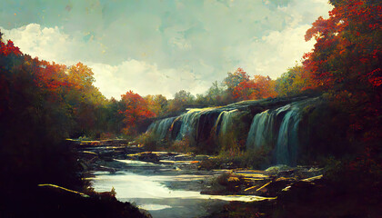 Beautiful River with Waterfall and Red Leaf Trees. Fantasy Backdrop Concept Art. Realistic Illustration. Video Game Background Digital Painting. CG Artwork. Scenery Artwork. Serious Book Illustration
