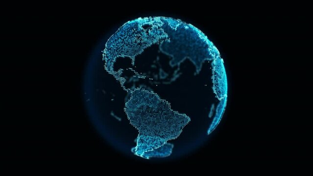 Digital dotted planet earth loop animation isolated on a black background. Rotating stylized world globe with glowing particle dots. Big data technology, business, communication, or digital concept