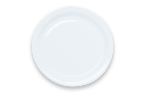 Cooking template - top view of an empty white plate isolated on a transparent background.