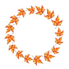 Watercolor Fall wreath, autumn frame with leawes and berries, isolated on white background