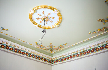 Luxurious coffered ceilings with richly ornamented moldings of the Bulgakov Palace. Zhilichi....