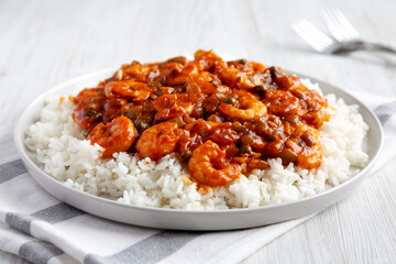 Homemade Cuban Shrimp Creole on a Plate, low angle view. Close-up.