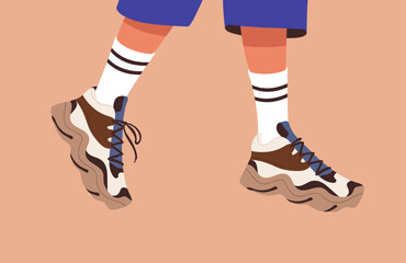 Legs in sneakers and socks walking. Girls feet in sport shoes, modern fashion leather footwear. Women foot wearing comfortable stylish sporty footgear. Colored flat vector illustration