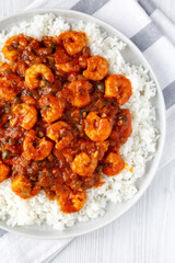 Homemade Cuban Shrimp Creole on a Plate, top view. Overhead, from above, flat lay.