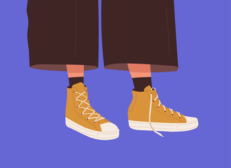 Fashion gumshoes on girls legs in pants. Women feet wearing sport shoes and socks. Modern casual cool sneakers, sporty textile footwear, footgear with shoelaces. Colored flat vector illustration