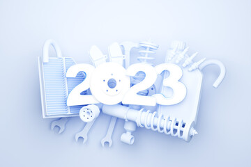 Obraz premium 3d illustration design happy new year 2023 with auto parts for auto mechanic service concept isolated on blue background.