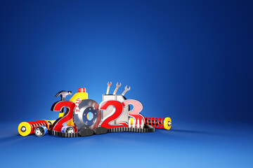 3d illustration design happy new year 2023 with auto parts for auto mechanic service concept isolated on blue background.