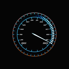 Fototapeta premium 3D illustration close up black speedometer with cutoffs 2022,2023. The concept of the new year and Christmas in the automotive field. Counting months, time until the new year.