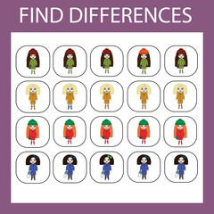 Developing activity for children - find the difference. Logic game for children. Find an extra dolls