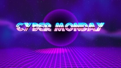 Cyber Monday with neon grid and disco ball in dark space, motion abstract holidays, club and entertainment style background - Powered by Adobe