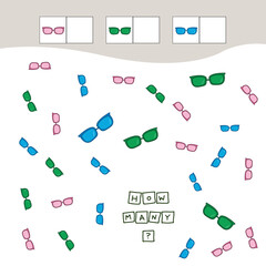 How many counting game with colorful sunglasses. Worksheet for preschool kids, kids activity sheet, printable worksheet