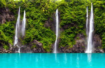 Fototapeta na wymiar Beautiful waterfall with sunlight in jungle, paradise fantasy island. 3D Illustration