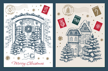 Door decoration. Christmas card poster banner. Hand drawn illustration. Vector.