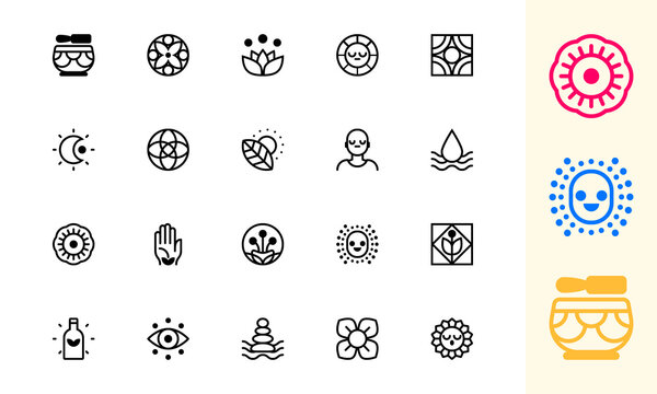 Pack d'icônes sur le thème du bien-être, détente zen méditation respiration, mandala de fleurs, bol tibétain, lotus, lune, soleil, flacon d'huiles essentielles, vecteur modifiable